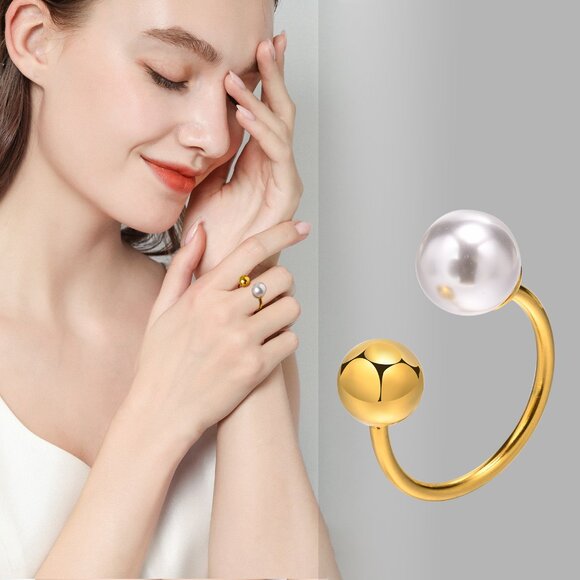 3/$35 Trendy 18K Gold Plated Tone Open Pearl & Ball Bypass Ring Adjustable Size - Picture 9 of 9